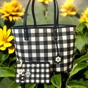 Michael Kors Gingham Black & White Tote With Matching Wristlet & Bag Charm